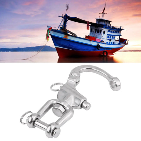 Rock Solid 316 Stainless Steel Swivel Snap Shackle For Sailboat Halyard Rigging, five inch model, showcased with a blue boat.