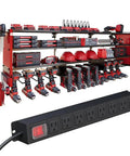 53 Inch Heavy Duty Power Tool Organizer Wall Mount With Built In 8 Outlet Power Strip, 12 Slots, 400 Lb Capacity For Cordless Drills Batteries And Garage Storage, Clean Ready To Go Workbench Station fully loaded with tools and accessories.