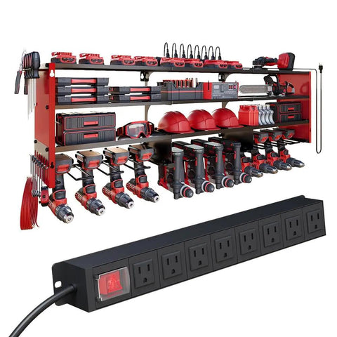 53 Inch Heavy Duty Power Tool Organizer Wall Mount With Built In 8 Outlet Power Strip, 12 Slots, 400 Lb Capacity For Cordless Drills Batteries And Garage Storage, Clean Ready To Go Workbench Station fully loaded with tools and accessories.