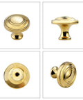 Four angles of Five Pack Slick Polished Brass Cabinet Knobs 1.23 Inch Round Gold Drawer Pulls For Kitchen, Dresser, And Wardrobe Upgrade