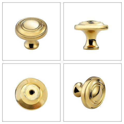 Four angles of Five Pack Slick Polished Brass Cabinet Knobs 1.23 Inch Round Gold Drawer Pulls For Kitchen, Dresser, And Wardrobe Upgrade