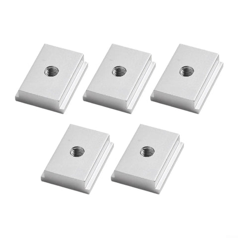 5 Pack Heavy Duty M6 Aluminum T Slot Nuts For Table Saw Sliders And T Track Runner Clamps Perfect Sled System Fitment Grey arranged on a white background.