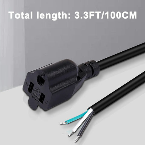 Heavy Duty NEMA 5-15 3 Prong Female Power Cord SJT Replacement Cable 18 Gauge 10A 110V 120V Pigtail 3.3Ft close-up view