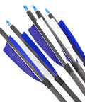 Dope Turkey Feather Archery Fletching Set 50 Pcs 4 Inch And 5 Inch Vanes in blue and white, attached to arrows, for DIY archery.
