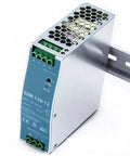 12V 120W DIN Rail Power Supply 10A Industrial PSU For PLCs, Sensors, And IO Modules, Rail-Mounted DC Power Unit With Global Input 90-264VAC And Wide 127-370V Range. Silver metal DIN-rail PSU with green terminals and vented top