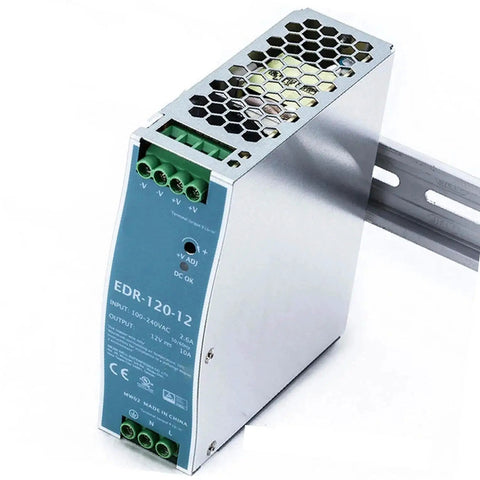12V 120W DIN Rail Power Supply 10A Industrial PSU For PLCs, Sensors, And IO Modules, Rail-Mounted DC Power Unit With Global Input 90-264VAC And Wide 127-370V Range. Silver metal DIN-rail PSU with green terminals and vented top