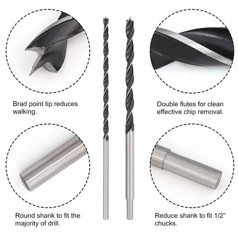 12 Inch Extra Long Brad Point Drill Bit Set 12 Pc Pro Grade High Carbon Steel Long Bits with round and reduced shanks.