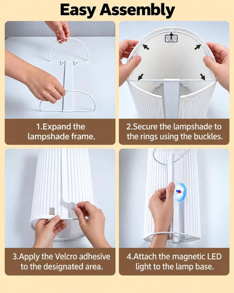 Step-by-step assembly guide for EZVALO Battery Operated Wall Sconce, including lampshade and LED light installation.