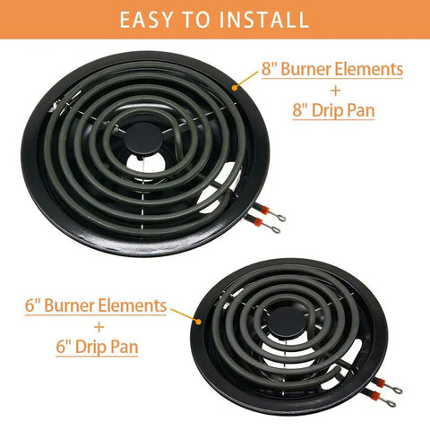 Replacement Electric Range Drip Pans And Burner Elements Set For Whirlpool Amana Maytag Stoves, 8" and 6" sizes displayed