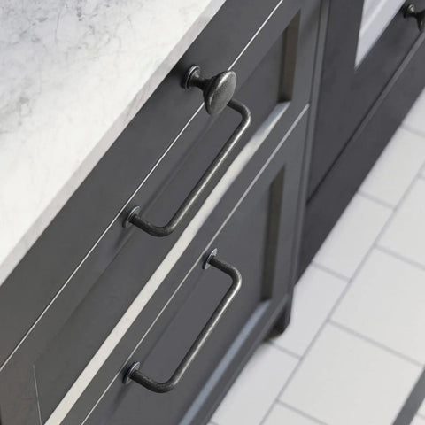 Close-up of 12.6-Inch Center To Center Weathered Nickel Cabinet Handles 6 Pack Old School Antique Iron Bar Pulls on dark cabinet