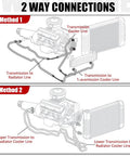 Diagram showing 2 way connections for Killer 6AN Transmission Cooler Hose Kit 52 Inch Stainless Steel Braided PTFE Oil Lines.
