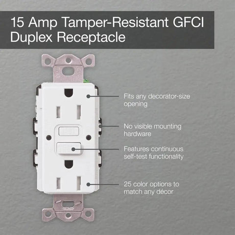 Image showing a 15 Amp Tamper-Resistant GFCI Duplex Receptacle in Black With Auto Test Every 30 Seconds, Safety Shutter, Plays Nice With Decorator Dimmers and Switches, Wall Plate Not Included. Features visible.