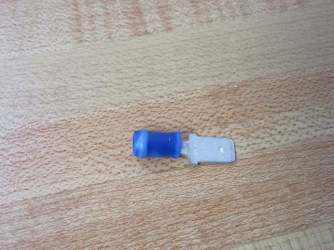 Single blue Tab Terminals Pack of 100, 16-14 AWG PIDG BRBV250T Style Plug and Play Quick Disconnect Terminal on wood surface.