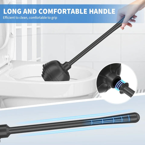 Heavy Duty Toilet Plunger And Brush Set With Holder 2 In 1 Bathroom Cleaning Kit shown with long comfortable handle in use