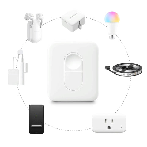 One Tap Smart Remote For Your Home Automation Needs Works With Curtain Bot Color Bulb LED Strip Blind Tilt And Plug Mini Bluetooth Five Point Zero Long Range Easy Control No Phone Required with compatible devices around it.