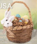 Kraft crinkle paper filler for gift baskets 10 lb pack in woven basket with eggs and plush bunnies, made in the USA display.