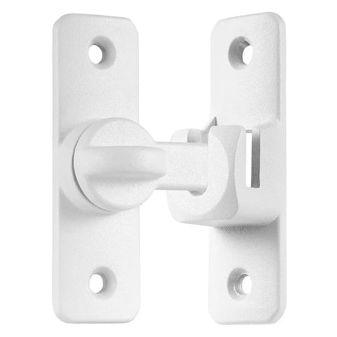 Matte White Aluminum Barn Door Latch Heavy Duty Gate Lock designed for sheds and cabinets, showcasing easy 90 and 180 degree mounting.