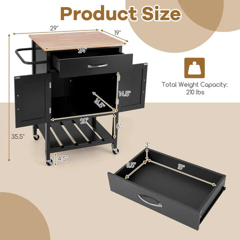 Real Deal Rubberwood Kitchen Island Cart On Wheels With Heavy Duty Casters And Wide Drawer Designed As A Versatile Coffee Bar Or Utility Stand That Brings Casual Vibes To Your Room Without Any Fuss In Classic Black