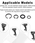 Impact Wrench Retaining Ring Clips With O Ring For Three Eighths And One Half Inch Sockets, Includes Six Sets Each, Compatible With Electric And Pneumatic Cordless Wrenches, Retainer Anvil Install Tool, shown with compatible wrench models