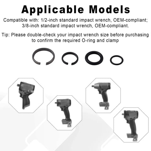 Impact Wrench Retaining Ring Clips With O Ring For Three Eighths And One Half Inch Sockets, Includes Six Sets Each, Compatible With Electric And Pneumatic Cordless Wrenches, Retainer Anvil Install Tool, shown with compatible wrench models
