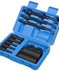 Thinking Process: 12-piece internal bearing removal puller kit in blue case, heat-treated steel rods and adapters