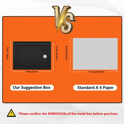 Comparison of Locking Office Suggestion Box with A4 paper size dimensions highlighted