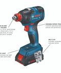 Impact driver wrench from 18V Brushless Two Tool Combo Kit With Hammer Drill And Driver And Impact Driver Wrench Includes Two 2Ah Batteries For Quick Rugged Power On Any Jobsite, shown with features labeled.