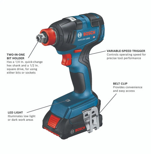 Impact driver wrench from 18V Brushless Two Tool Combo Kit With Hammer Drill And Driver And Impact Driver Wrench Includes Two 2Ah Batteries For Quick Rugged Power On Any Jobsite, shown with features labeled.