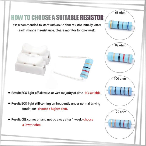 Diagram showing resistor options for VCM Muzzler Harness Disable Kit For Honda 3.5L V6 Engines with 68 to 120 ohm values.