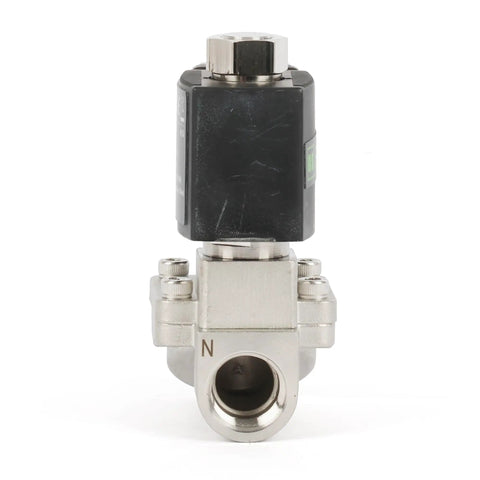 Front view of Beefed Up Stainless Steel Solenoid Valve Half Inch With 110 Or 120 Volt AC Normally Open Pilot Operated
