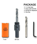 Straight Up Heavy Duty One Inch Hole Saw Kit With Arbor Pilot Bit Hex Key For Drilling Wood Metal Plastic Drywall Rugged Bi Metal Blades Built Like A Tank set including 1 inch hole saw, arbor, drill bit, and hex key.