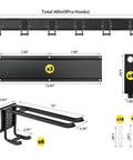 Wall Mounted Garage Tool Organizer Rack, 48 Inch Adjustable Heavy Duty Storage System shown with hooks, straps, and dimensions.