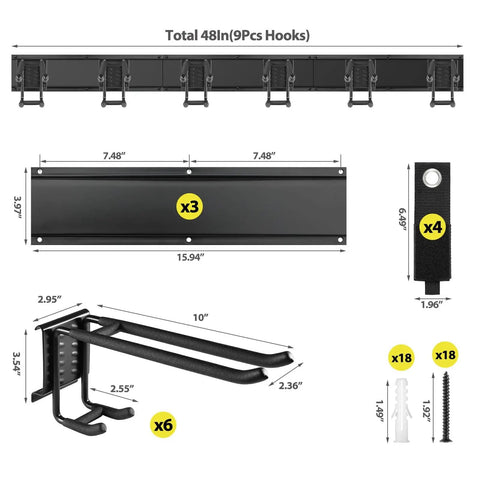 Wall Mounted Garage Tool Organizer Rack, 48 Inch Adjustable Heavy Duty Storage System shown with hooks, straps, and dimensions.