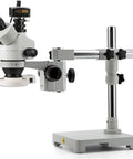 7X-45X Trinocular Stereo Microscope With Wide Field 10X Eyepieces And 0.7X-4.5X Zoom, Single Arm Boom Stand, And 56 LED Ring Light For Gemology Geeks And Electronics Repair Pros, Engraving, And Precise Surface Inspection. grey metal stereo microscope with boom stand and LED ring light