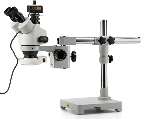 7X-45X Trinocular Stereo Microscope With Wide Field 10X Eyepieces And 0.7X-4.5X Zoom, Single Arm Boom Stand, And 56 LED Ring Light For Gemology Geeks And Electronics Repair Pros, Engraving, And Precise Surface Inspection. grey metal stereo microscope with boom stand and LED ring light