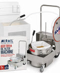 Commercial Electric Fryer Oil Filter System With Fry Powder Included Handles 75 Lb Grease Loads Portable Filtration Cart on a kitchen countertop.