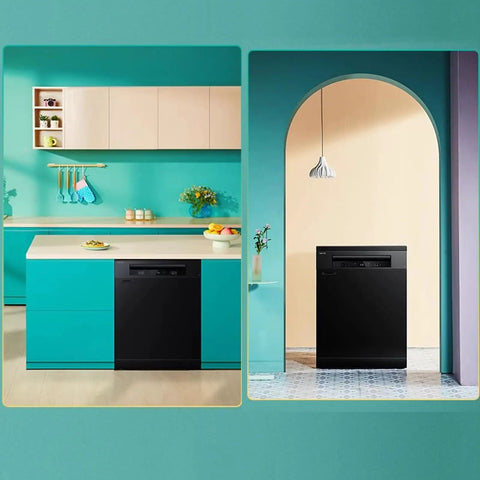 Hassle Free Countertop Dishwasher With Built In Mount Fully Automatic Large Capacity Desktop Washer Hot Air Dry Cabinet in modern kitchen.