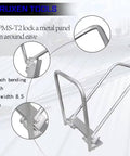 Eaves Seam Locker WPMS-T5 tool close-up showing 1 inch bending depth and 8.5 inch jaw width on a metal roofing panel.