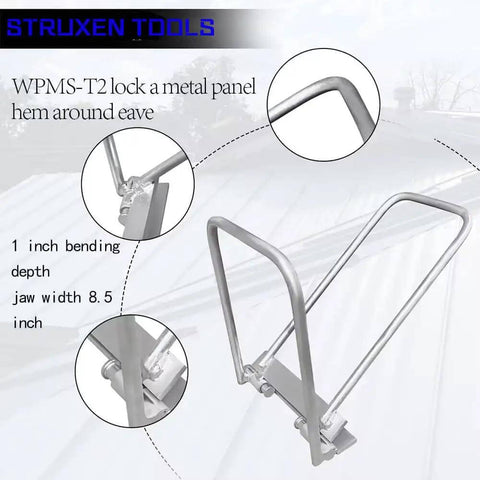 Eaves Seam Locker WPMS-T5 tool close-up showing 1 inch bending depth and 8.5 inch jaw width on a metal roofing panel.