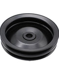 Black Chrome Double Groove Power Steering Pump Pulley With Keyway for Chevy SBC and BBC, 5.75 in OD, side view.