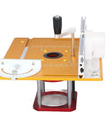 Premium Rock Solid Aluminum Router Lift Kit For Woodworking Tables Featuring Smooth 54 Mm Micro Adjustment and Complete Fence Insert Plate Hardware Setup, showing top view with adjustable handle.