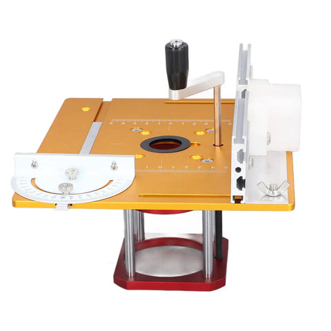 Premium Rock Solid Aluminum Router Lift Kit For Woodworking Tables Featuring Smooth 54 Mm Micro Adjustment and Complete Fence Insert Plate Hardware Setup, showing top view with adjustable handle.
