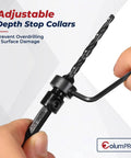 Adjustable depth stop collar for drill bit, designed to prevent overdrilling on wood with hex shank, ideal for precision woodworking.