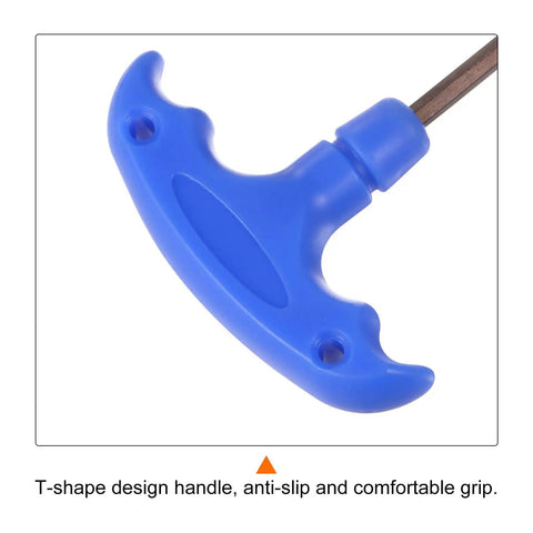 Blue T-shape handle of T Handle Hex Key Wrench H4 4mm S2 Steel T Shape Inner Hex Spanner, 119mm Length, close-up view.
