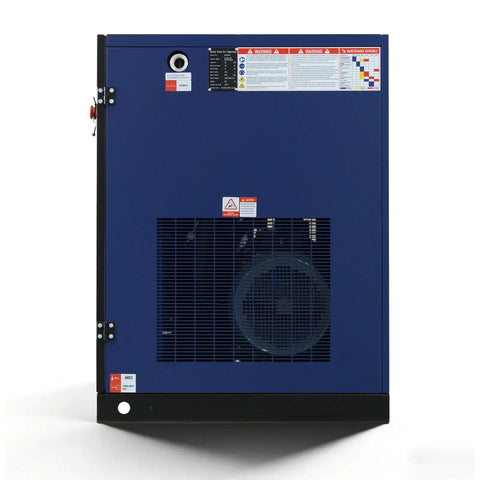 Beefy 30HP Rotary Screw Air Compressor Delivers 123 CFM at 125 PSI 460 Volts Three Phase Fixed Speed Industrial Grade Unit for Continuous Duty Manufacturing and Heavy Load Air Demands blue cabinet front view