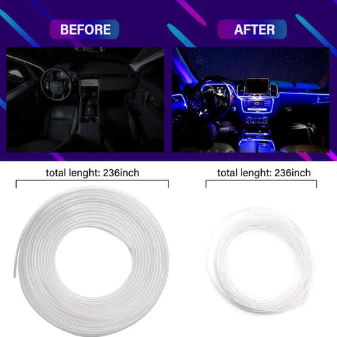 Before and after of Colorful RGB Car Interior LED Strip Light Kit With 16 Million Colors 5 In 1 Fiber Optic 236 Inches.