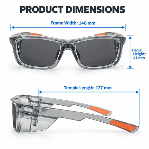 Top Shelf Polarized Safety Sunglasses With Category 4 Extra Dark Smoke Lenses dimensions showing frame width and height.