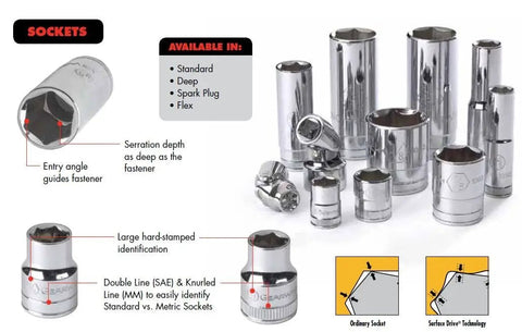 Assorted sockets including 3/8 Inch Drive 6 Point Universal Spark Plug Socket With Off-Corner Loading, 5/8 Inch Hex, chrome finish.