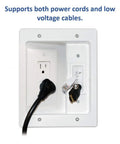 Slick In Wall Cable Management Kit For TV Hides Power And Low Voltage Lines Behind Drywall with dual outlet and cables.