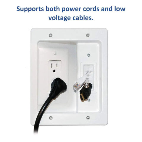 Slick In Wall Cable Management Kit For TV Hides Power And Low Voltage Lines Behind Drywall with dual outlet and cables.